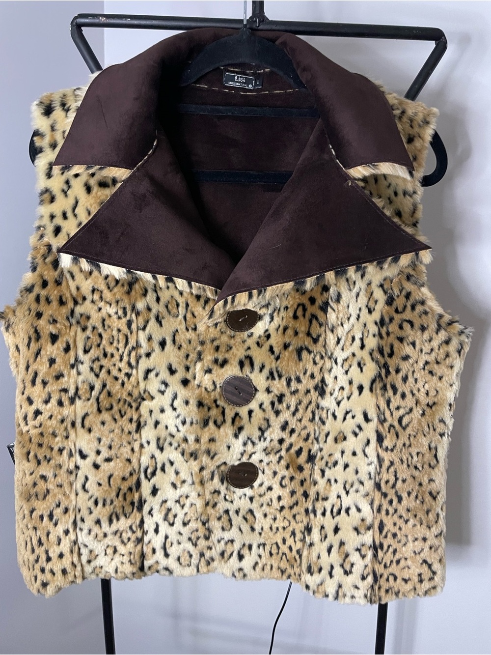 Lisa international Leopard Faux Fur Vest with Brown Collar
